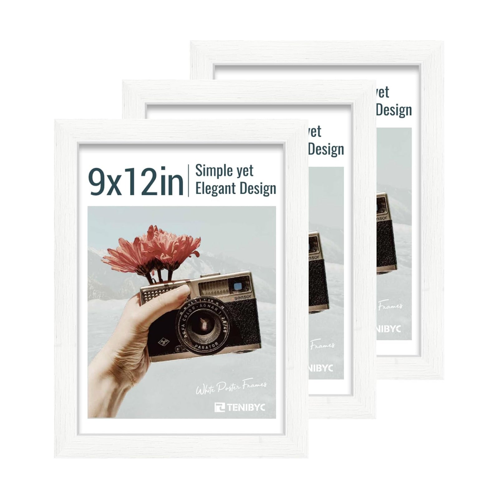 9x12 picture frame 3 Pack, White Wood, Real Glass, for Photos | Thick HD Tempered Glass, Tabletop or Wall Hanging