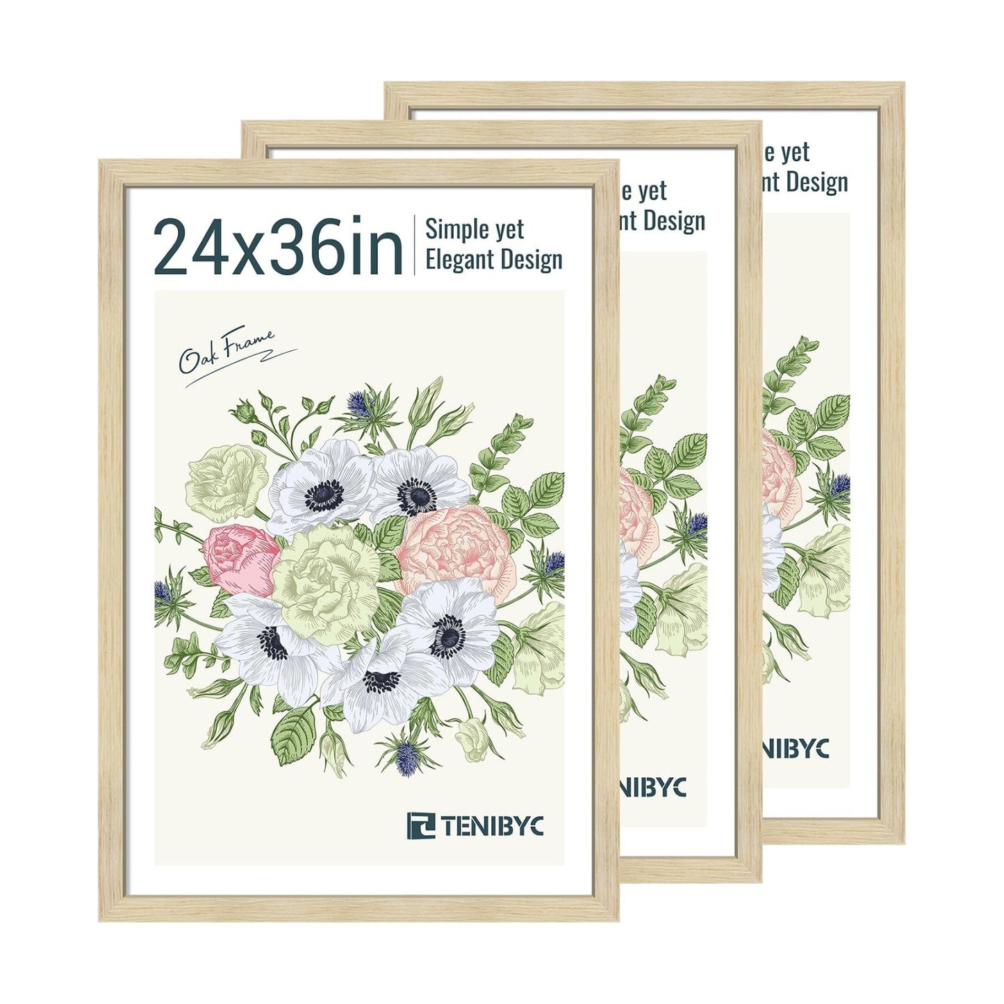 24x36 Poster Frame, Oak Wood, 3 Pack, Wall Hanging for Picture | Thick Polished Plexiglass, Large Movie Poster Frame