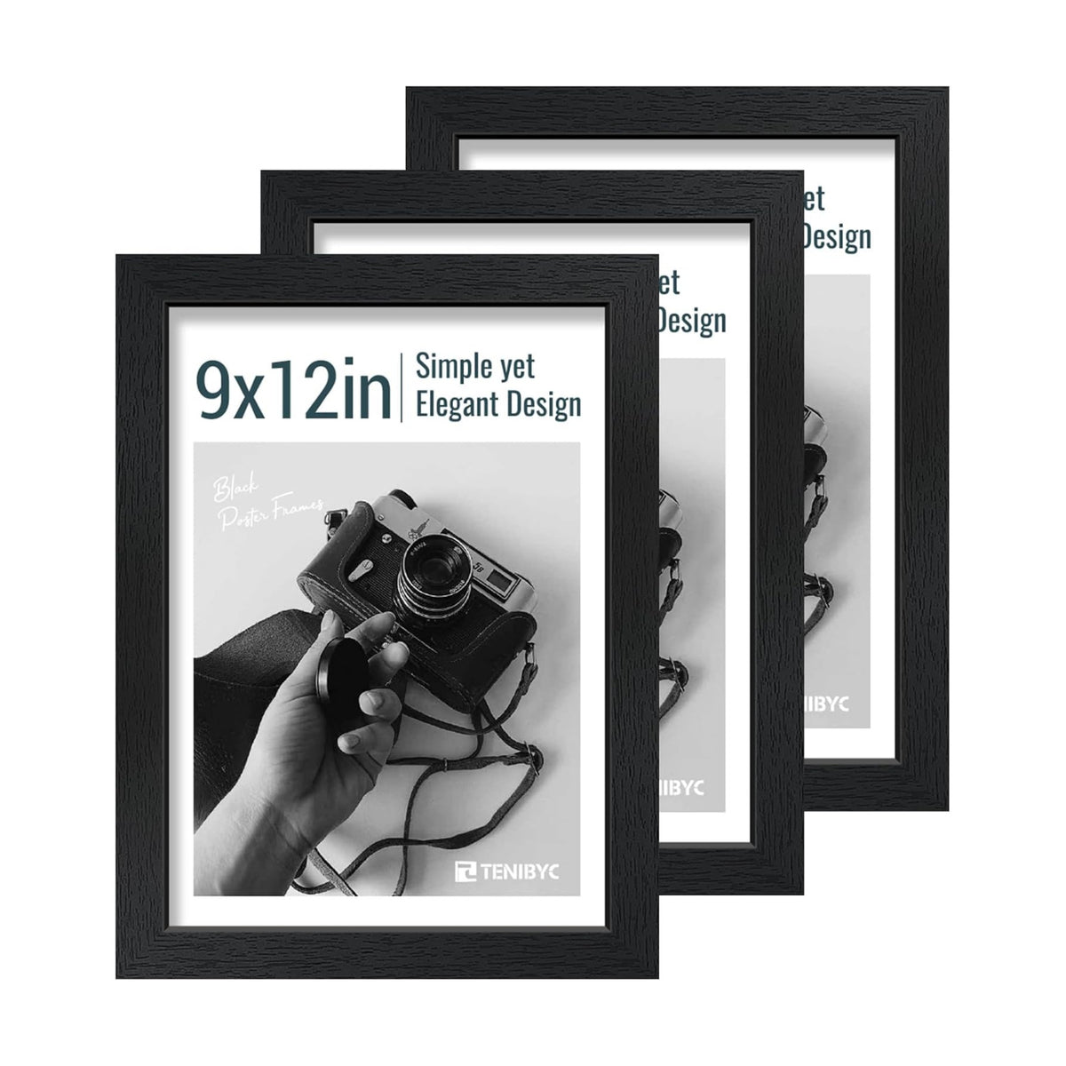 9x12 picture frame 3 Pack, Black Wood, Real Glass, for Photos | Thick HD Tempered Glass, Tabletop or Wall Hanging