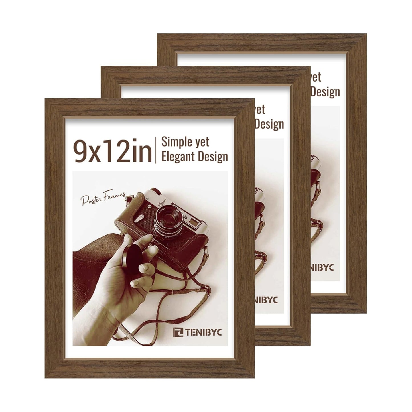 9x12 picture frame 3 Pack, Brown Wood, Real Glass, for Photos | Thick HD Tempered Glass, Tabletop or Wall Hanging