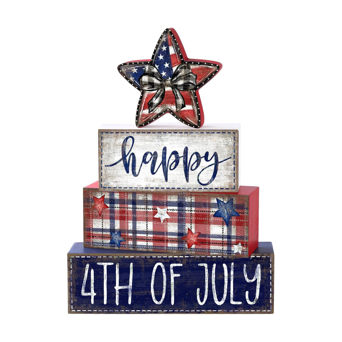 DIYDEC 4Pcs Memorial Day Table Decor 4th of July Patriotic Wood Signs Independence Tiered Tray Decor America Red Blue Centerpieces Signs for Farmhouse Holiday Tabletop Home Party Decoration
