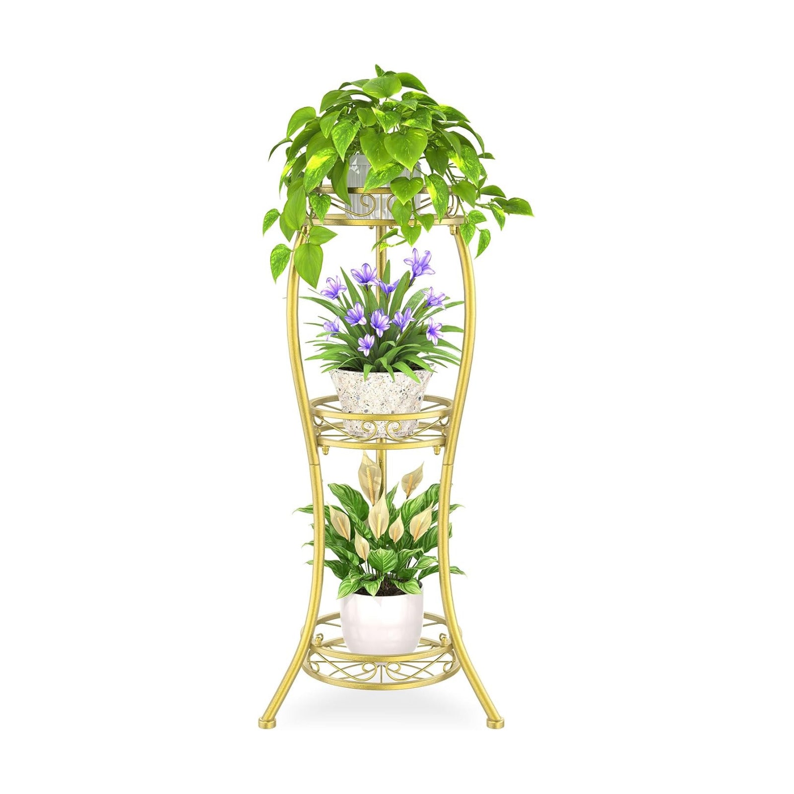 iDavosic.ly 3 Tier Metal Plant Stand Outdoor Indoor, 34 Inch Tall, Gold | Corner Flower Pot Holder Shelf, Wrought Iron