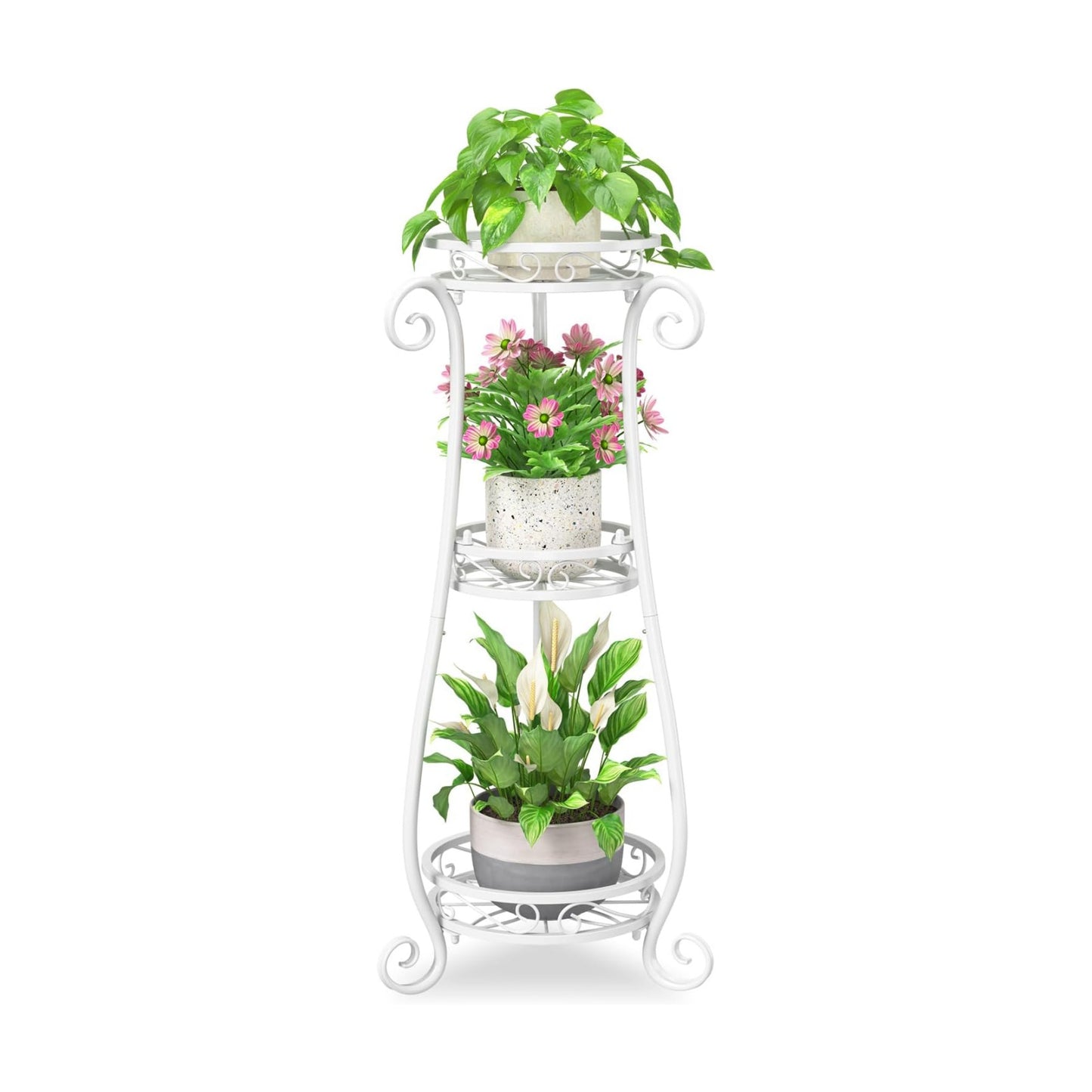 iDavosic.ly 3 Tier Tall Metal Plant Stand Outdoor Indoor, 34 Inch, White | Corner Flower Pot Holder Shelf, Wrought Iron