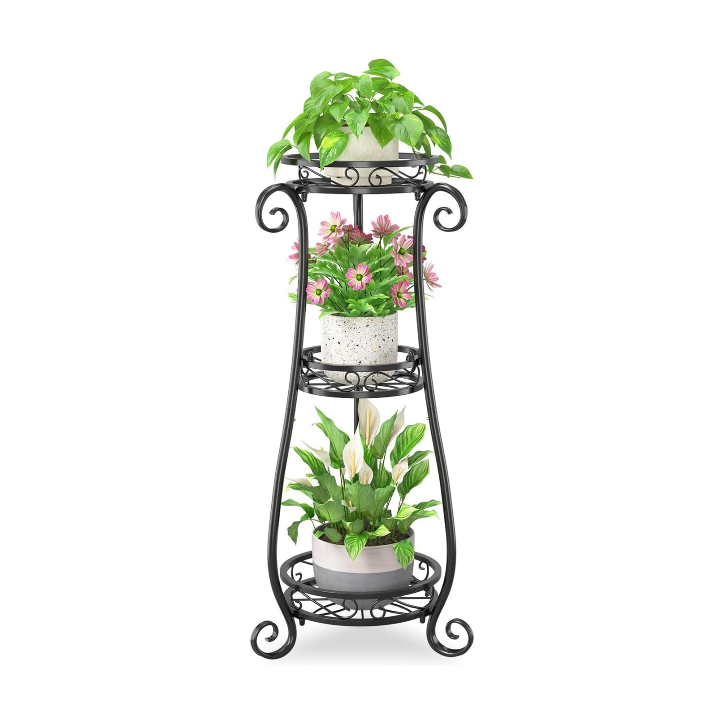 iDavosic.ly 3 Tier Tall Metal Plant Stand Outdoor Indoor, 34 Inch, Black | Corner Flower Pot Holder Shelf, Wrought Iron