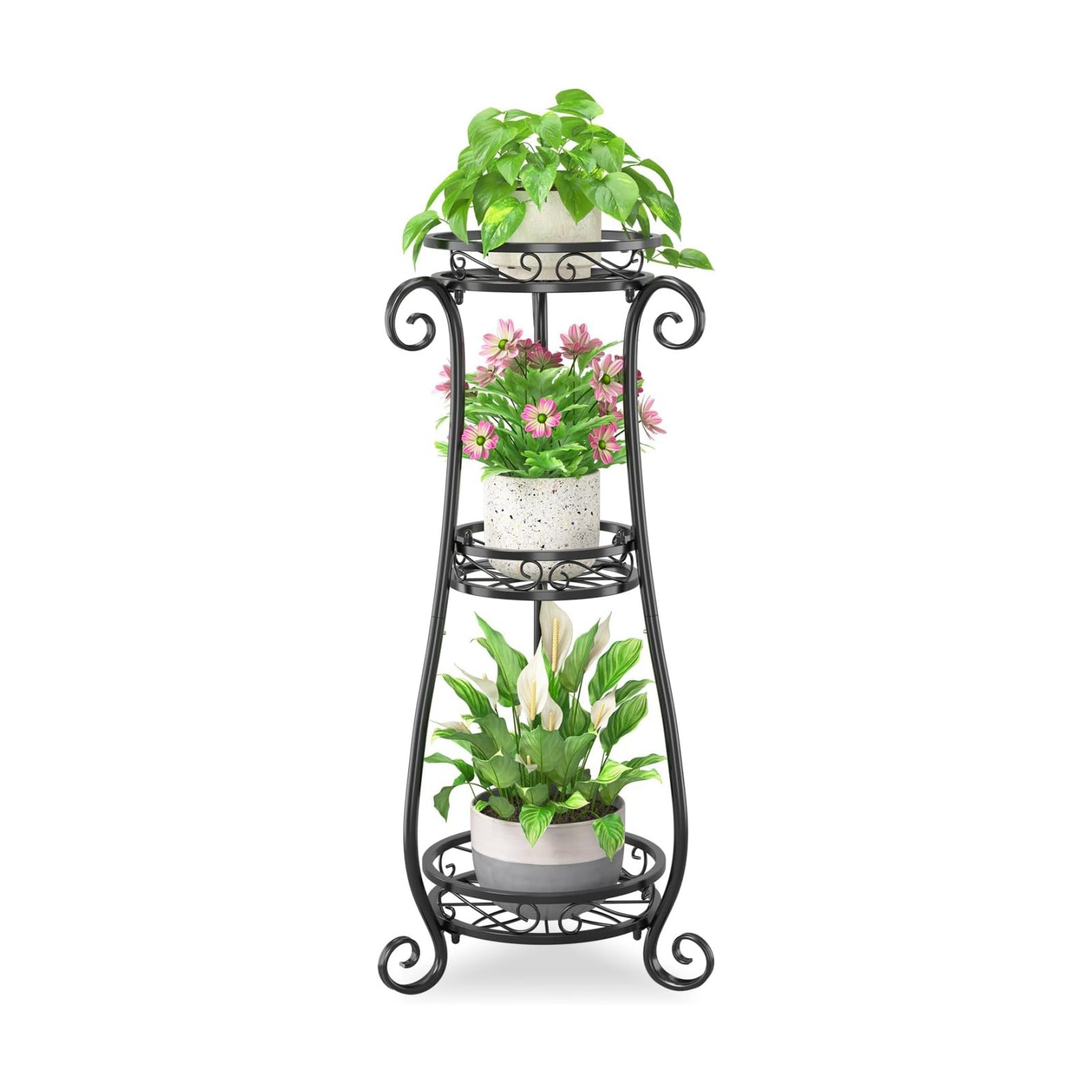 iDavosic.ly 3 Tier Tall Metal Plant Stand Outdoor Indoor, 34 Inch, Black | Corner Flower Pot Holder Shelf, Wrought Iron