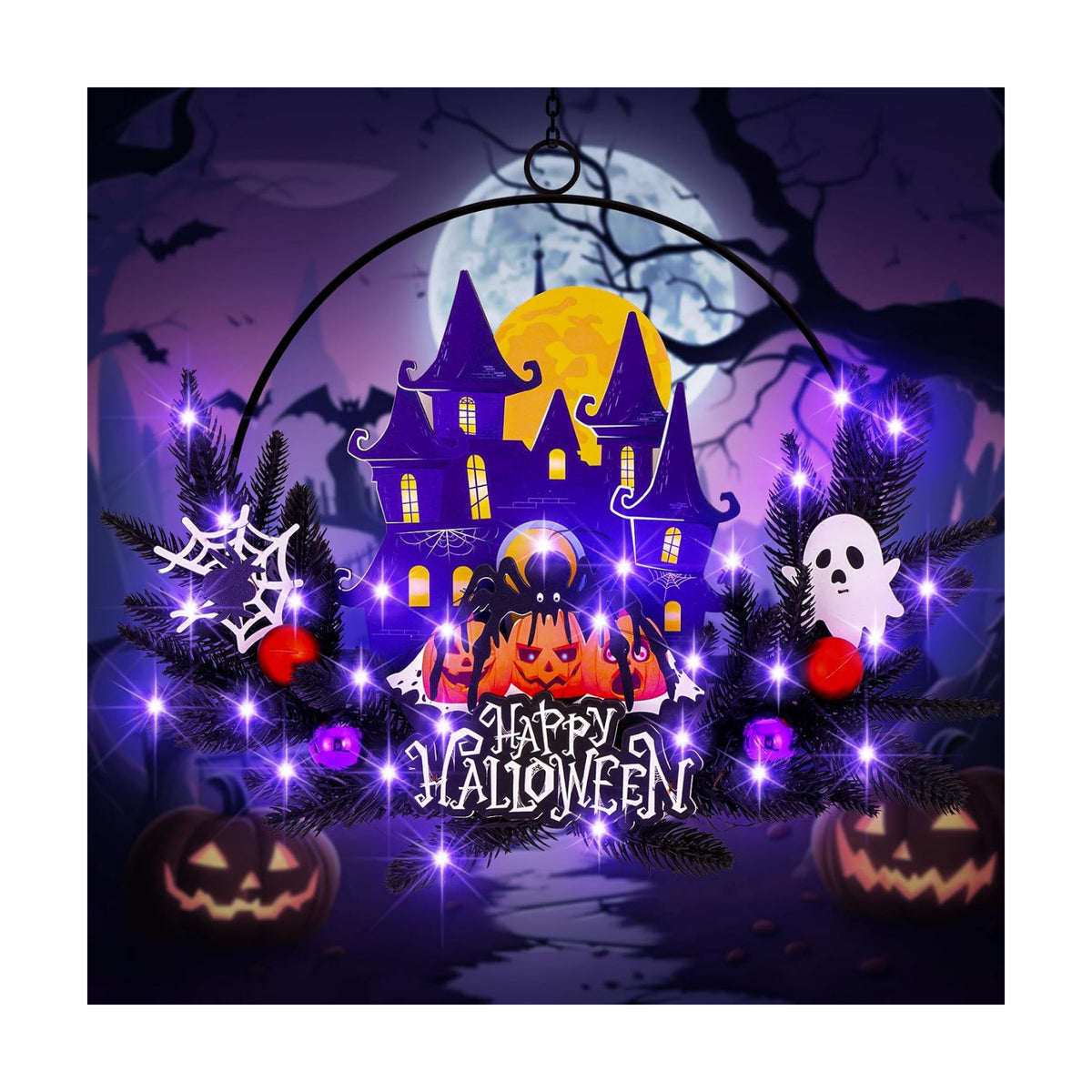 Pre-Lit Halloween Wreath for Front Door, Lighted Spider with 6H On/18H Off