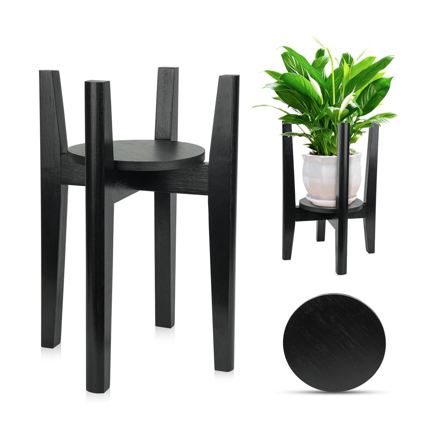Adjustable Plant Stand with Tray,Indoor Wood Plant Stand Fit 8'' to 12'' Planter,Mid Century Modern Flower Pot Holder