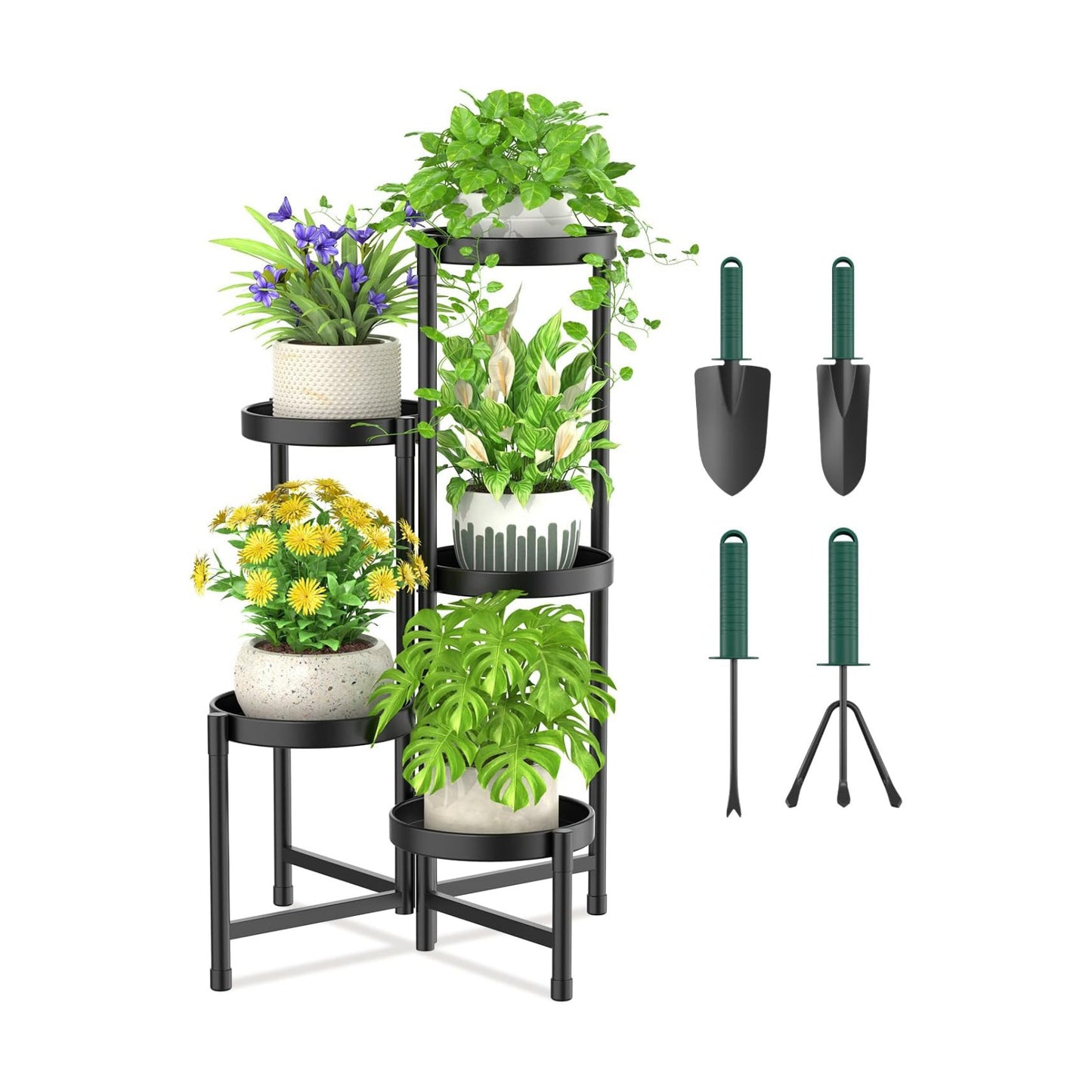 iDavosic.ly Plant Stand with Garden Tools Indoor Outdoor, 5 Tier, Black | Metal Corner Shelf, Tiered Flower Display