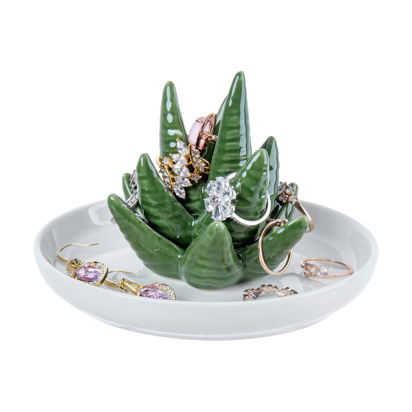 Decorative Ceramic Ring Tray for Jewelry / Ceramic Aloe / White