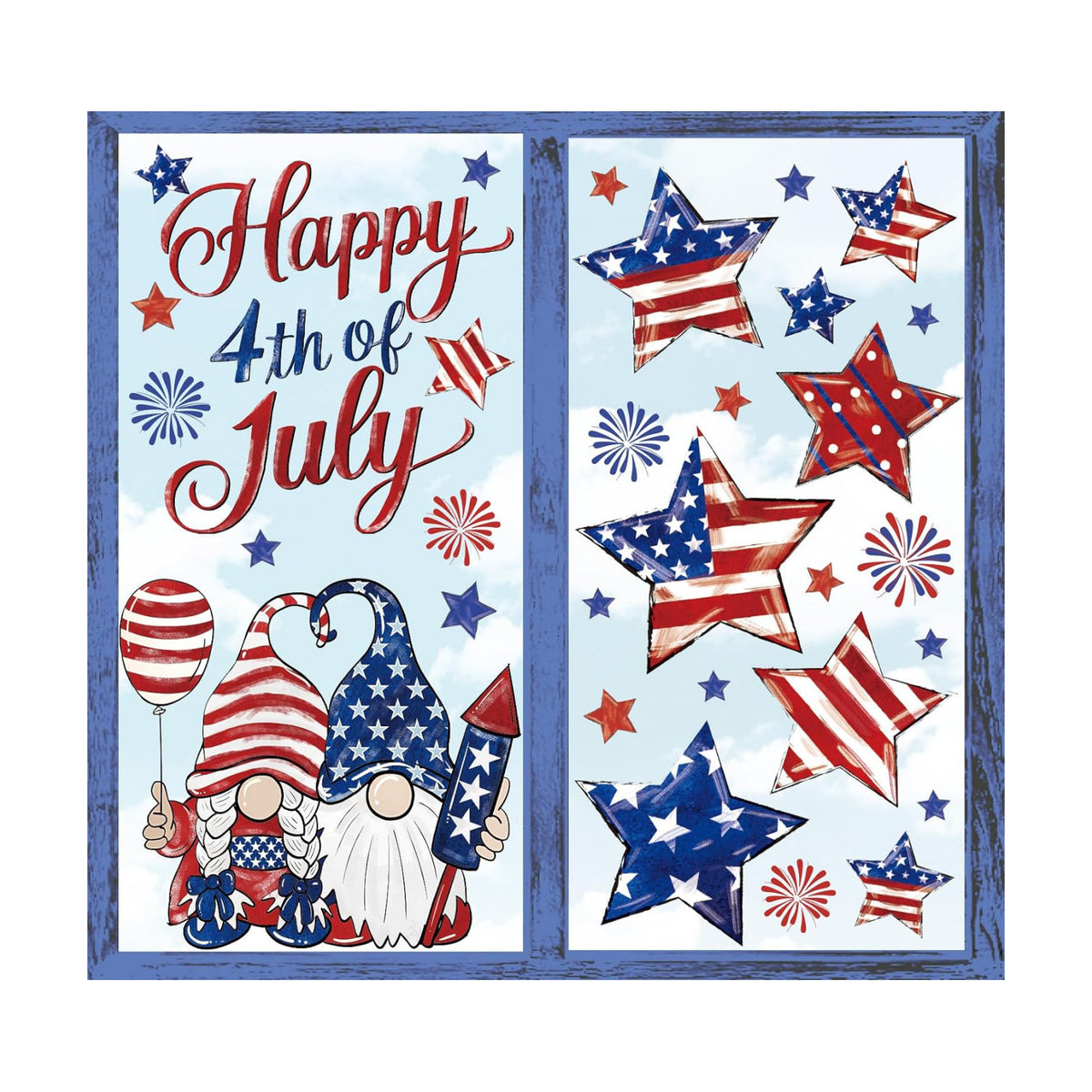 Whaline 6 Sheets Patriotic Window Clings Happy 4th of July Window Decal USA Gnome Star Firework Reusable Glass Sticker for Independence Day Memorial Day Home Party Decor