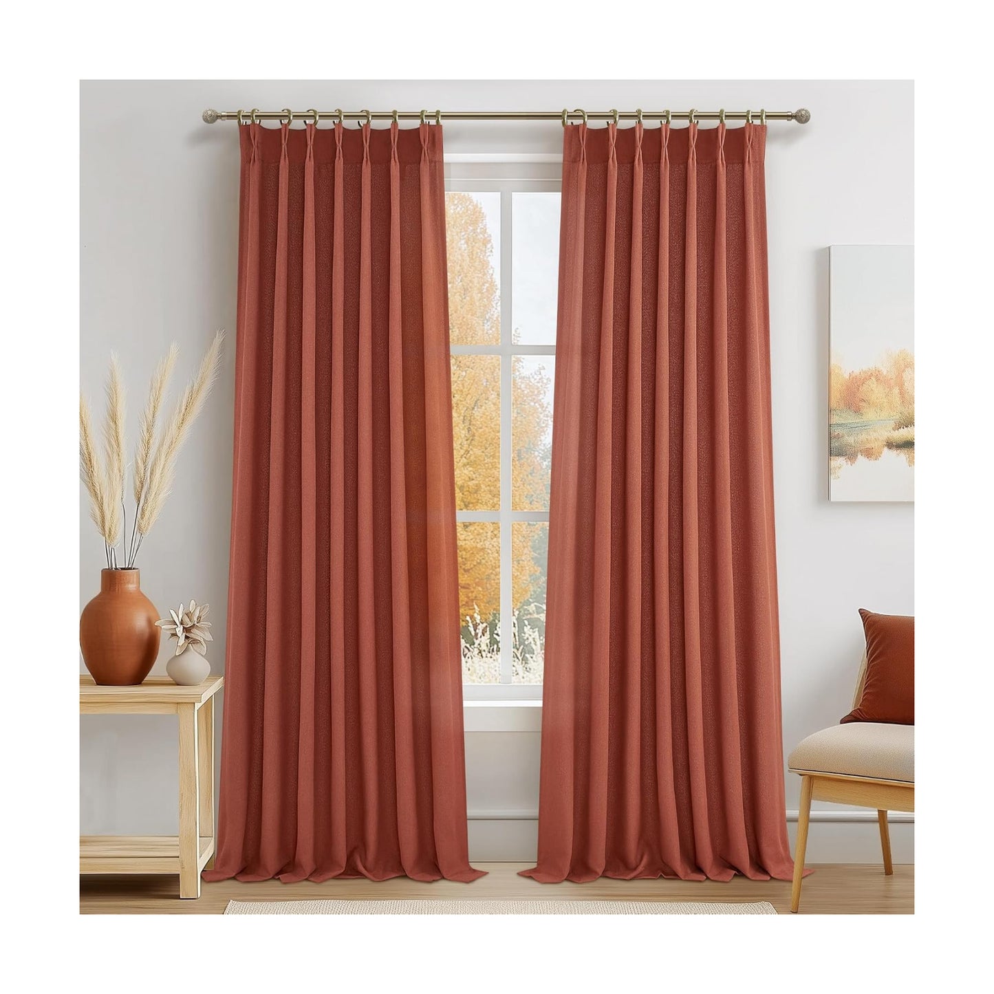 Rust Burnt Orange Fall Sheer Curtains 90 Inches Long for Bedroom 2 Panels Set, Pinch Pleated Flax Linen Light Filtering