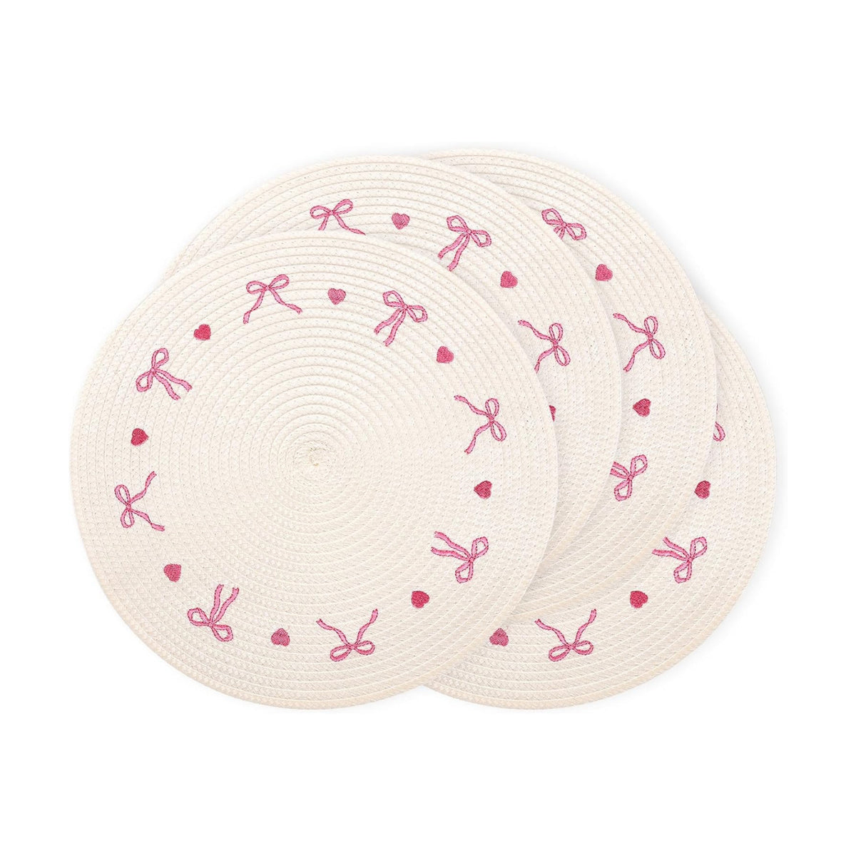 Whaline 4 Pcs Round Placemats White Pink Bow Embroidered Place Mats Coquette Bowknot Heart Dinner Table Mats for Home Wedding Baby Shower Birthday Party Decor
