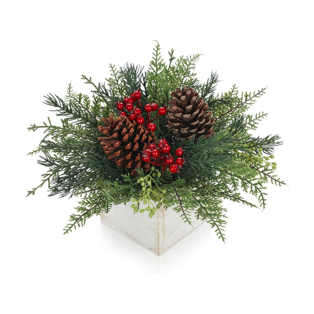 Christmas Centerpieces Table Decorations 10" Small Artificial Potted Christmas Tree Tabletop Pine Plants with Red Berry Pine Cones in Wooden Pot for Home Winter Xmas Mantel Farmhouse Indoor Decor