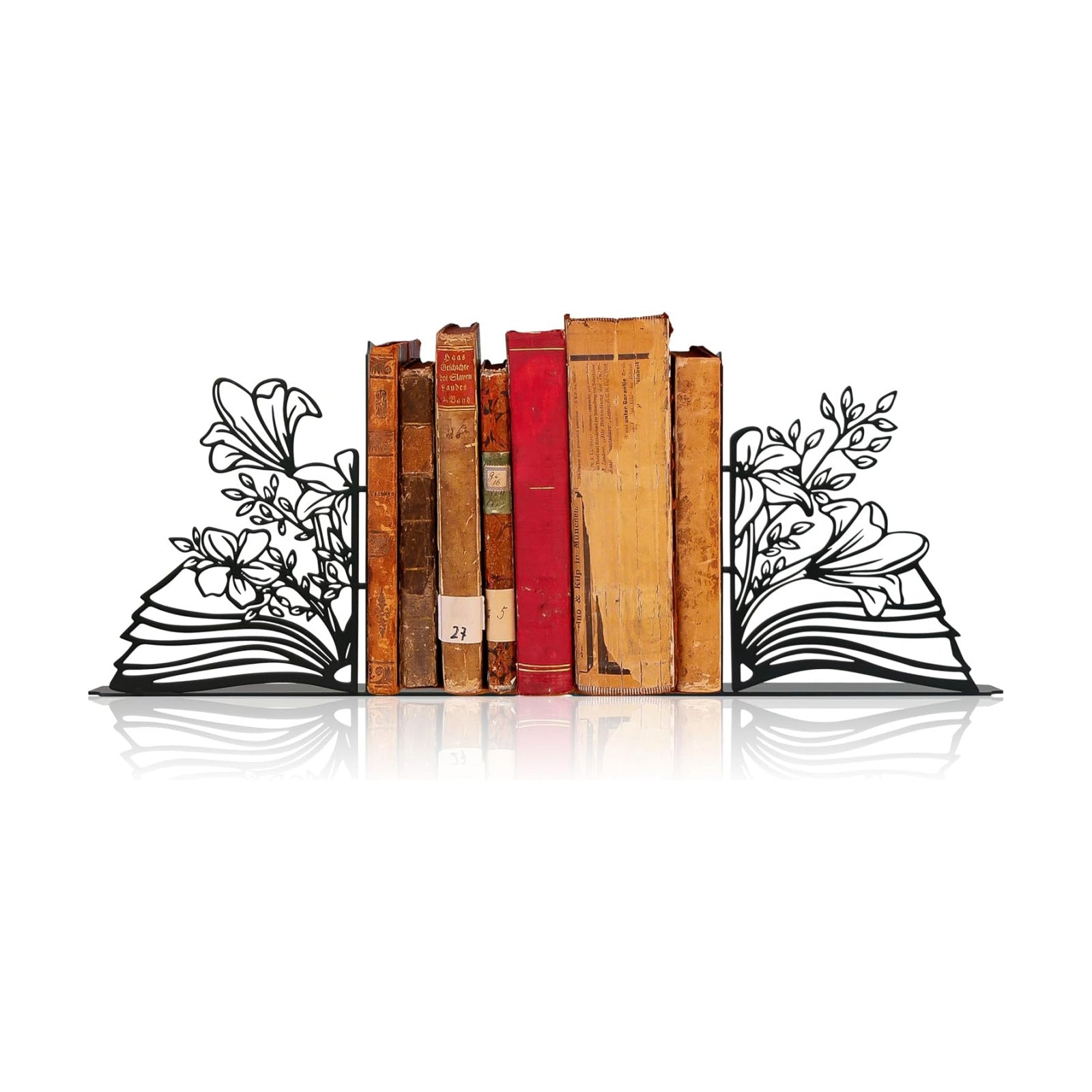 Metal Flower & Book Design Decorative Bookends