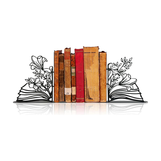 Metal Flower & Book Design Decorative Bookends