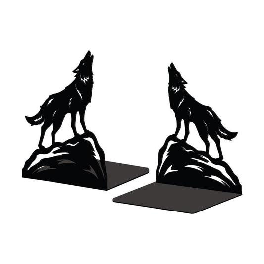 Metal Bookends / Modern Decorative Heavy Duty Study Book Support Stoppers / Howling Wolf