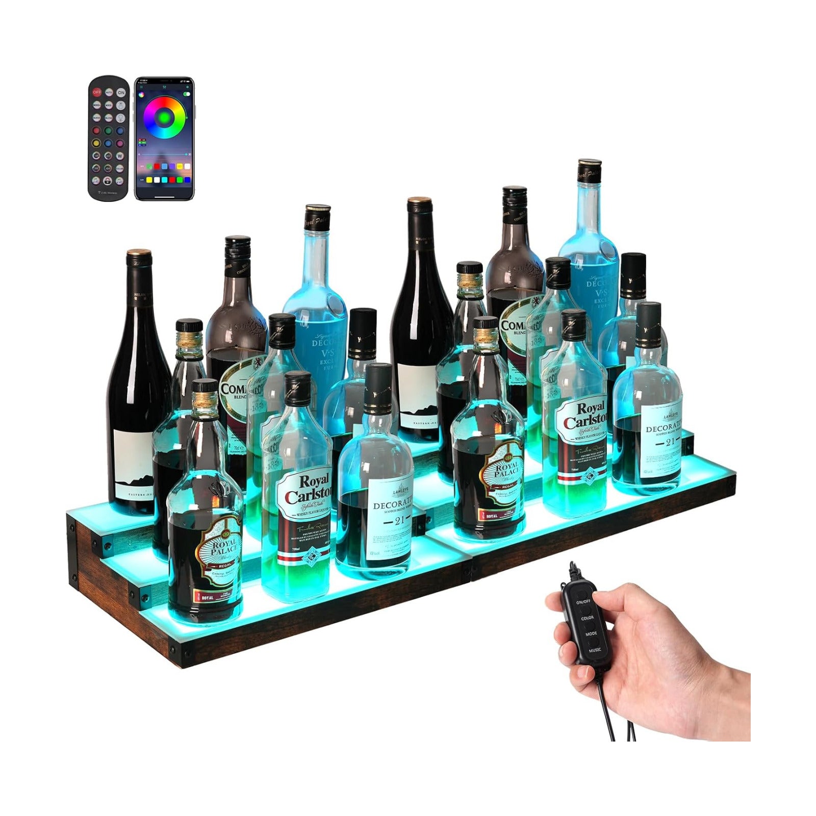 2-Pack 16‘’ LED Lighted Liquor Display, 3-Tier 32Inch Total Bar Shelves for Liquor Bottle, Illuminated Home Bar Shelf
