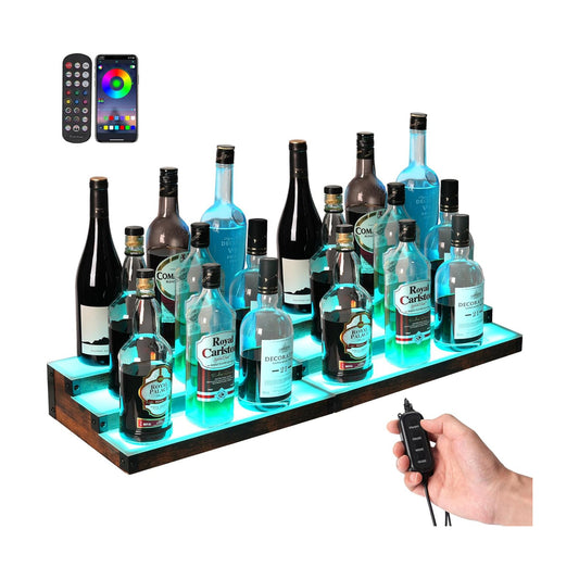 2-Pack 16‘’ LED Lighted Liquor Display, 3-Tier 32Inch Total Bar Shelves for Liquor Bottle, Illuminated Home Bar Shelf