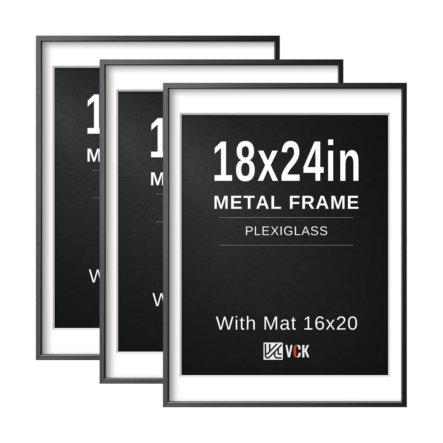 VCK 18x24 Frame, Black Metal - Matted to 16x20, 3 Pack, for Artwork/Poster | High-End Aluminum, Wall Decor, Acid-Free