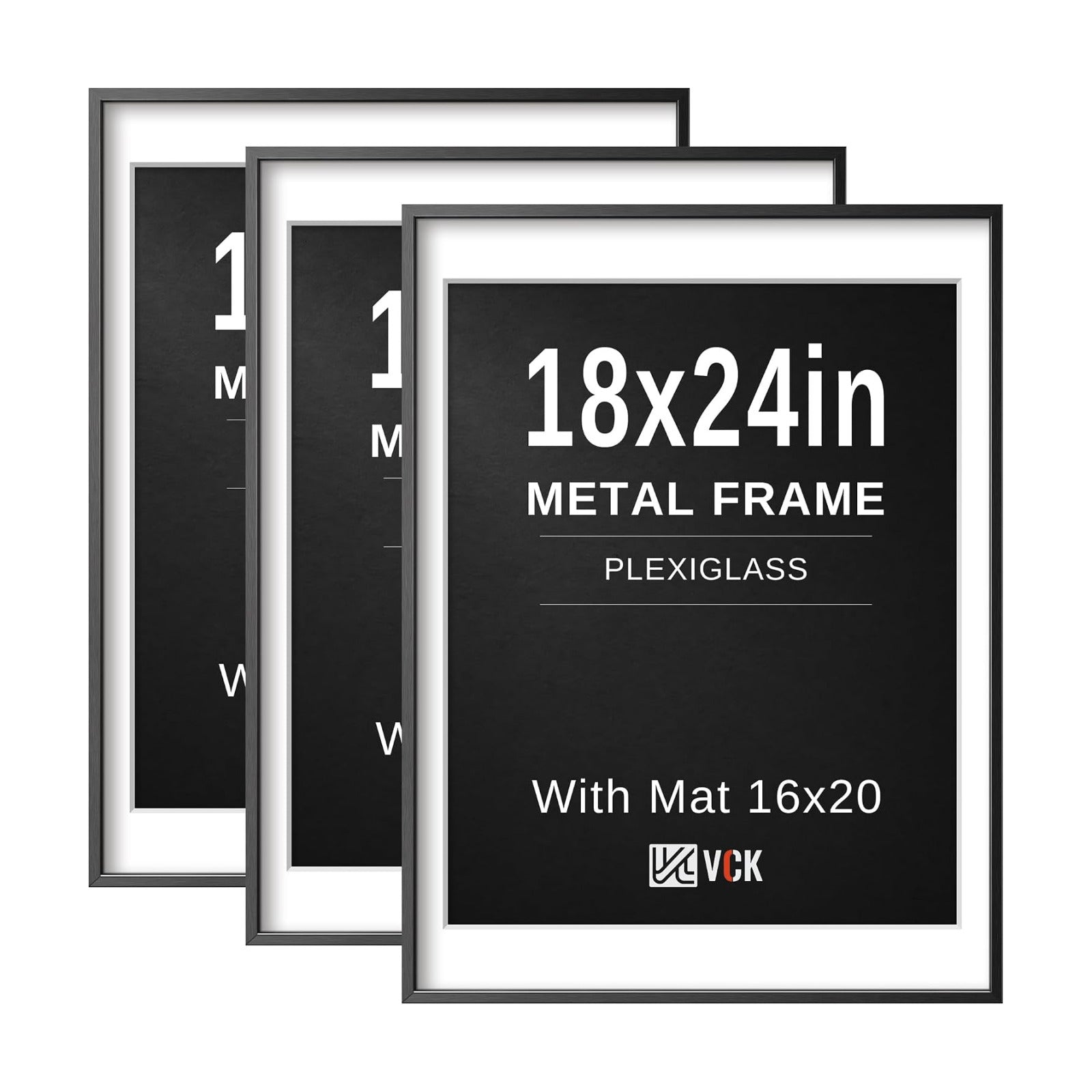 VCK 18x24 Frame, Black Metal - Matted to 16x20, 3 Pack, for Artwork/Poster | High-End Aluminum, Wall Decor, Acid-Free