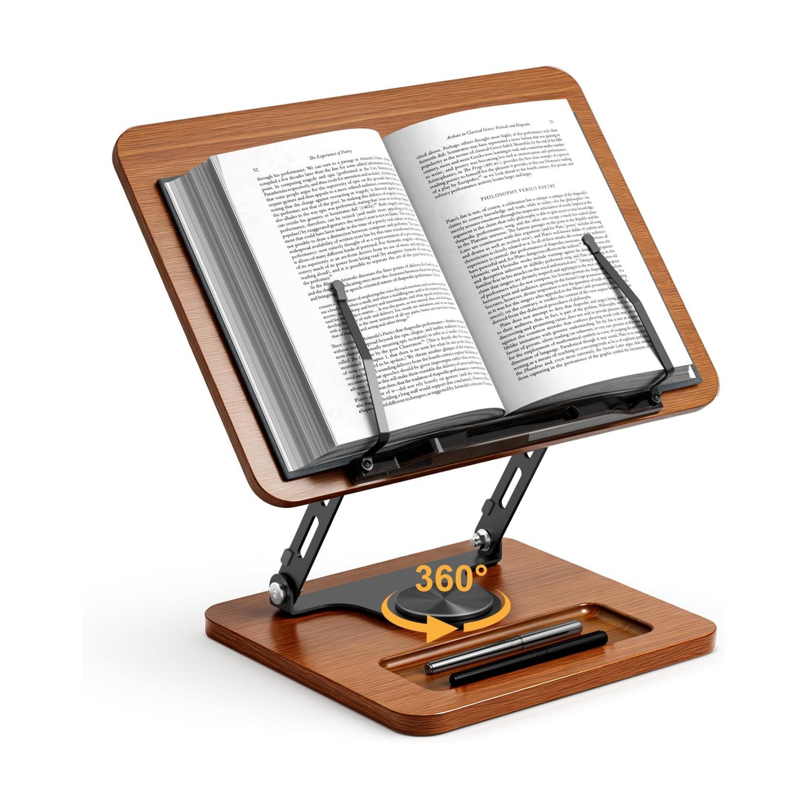 OPTIXCELL Book Stand for Reading, 360° Rotating Book Holder, Page Clips | Hands Free, Built-in Storage Tray, Adjustable