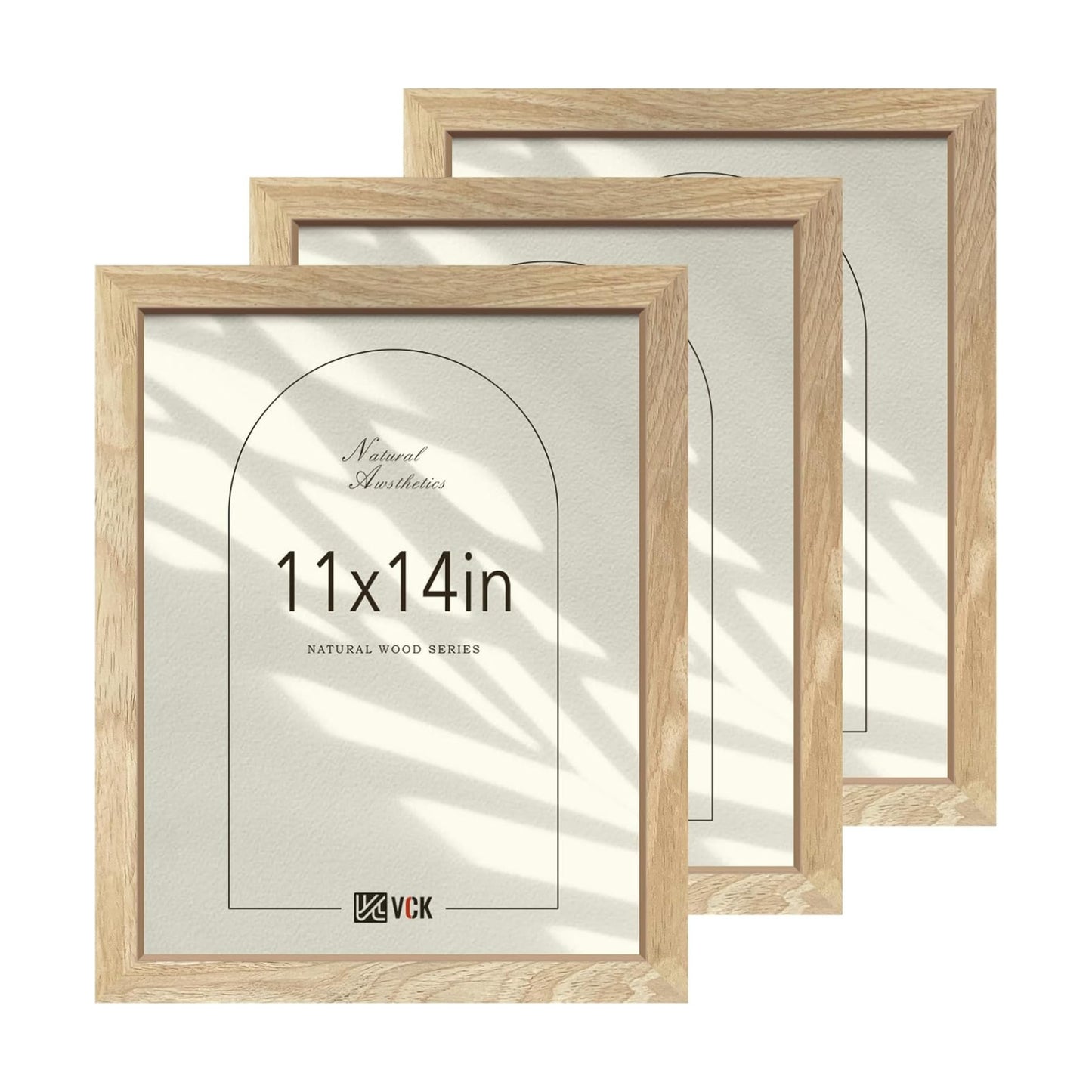 VCK 11x14 Picture Frame Set of 3, Natural Solid Wood, Wall Hanging | Wide Border, Light Woodgrain, Shatterproof