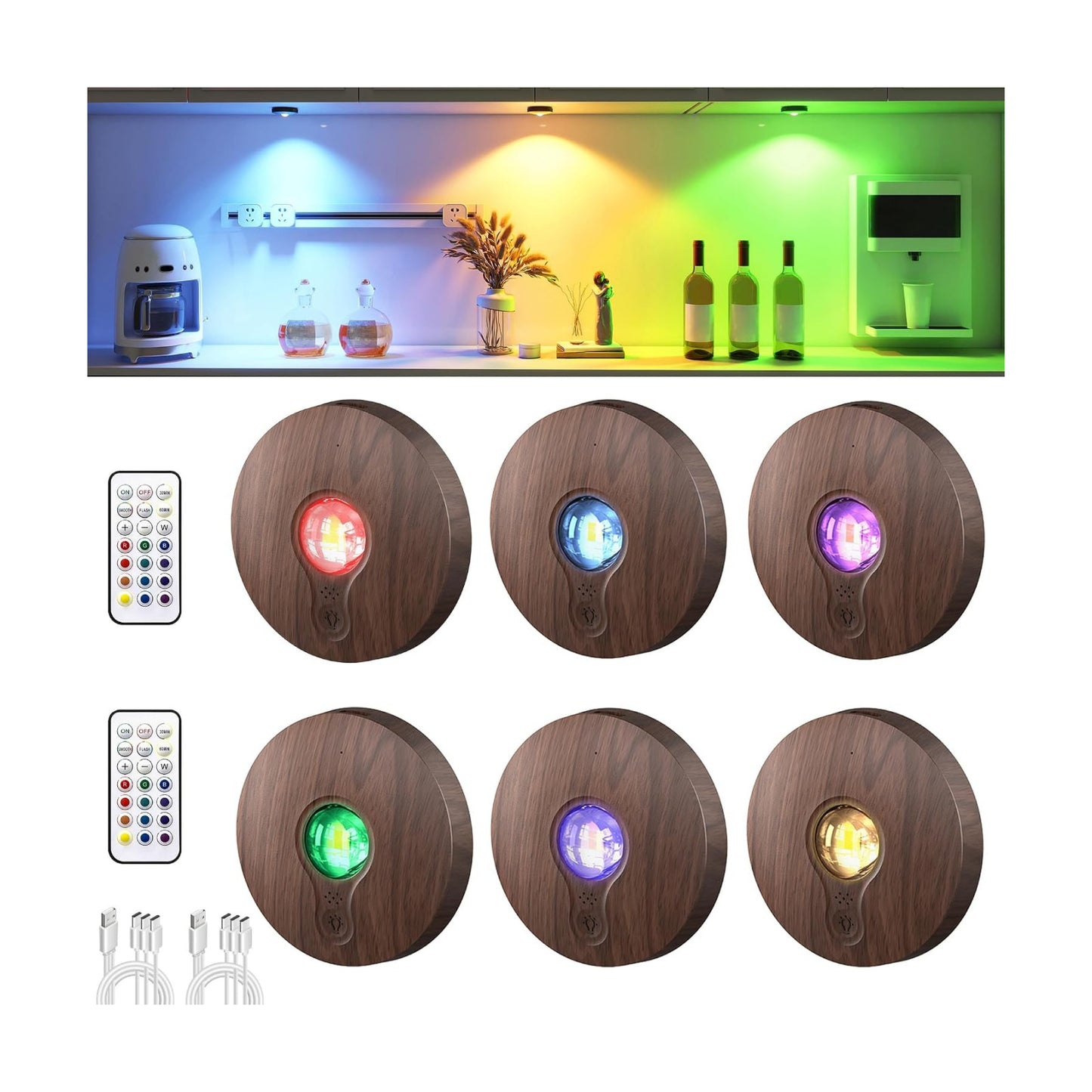 UNUSROOM Rechargeable RGB Puck Lights with Remote Control, Wireless Under Cabinet Lighting,13 Color Changing Lights