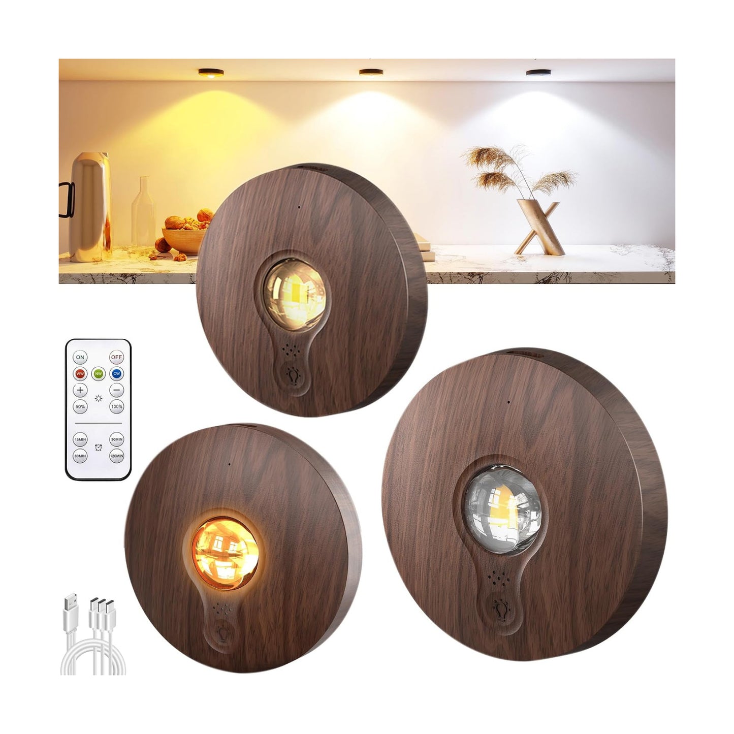 UNUSROOM Rechargeable Puck Lights with Remote Control,2000mAh High Capacity Battery Operated LED Under Cabinet