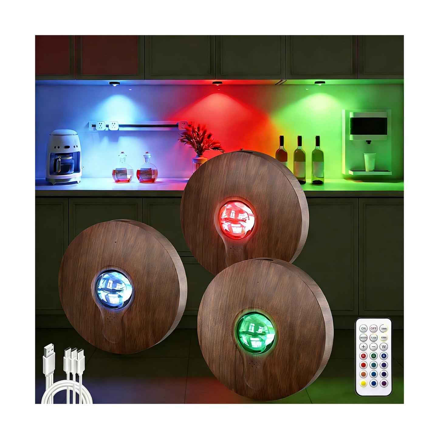 UNUSROOM Rechargeable RGB Puck Lights with Remote Control, Wireless Under Cabinet Lighting,13 Color Changing Lights