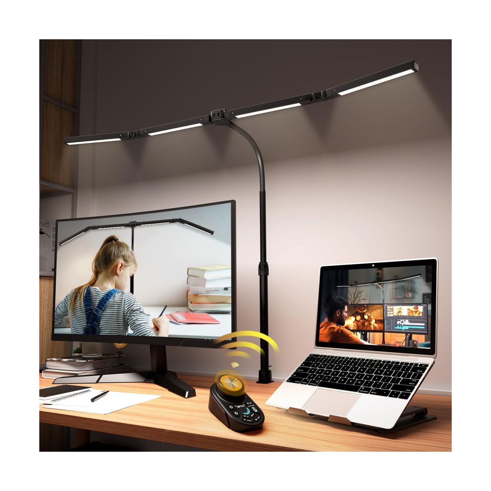 Adjustable LED Desk Lamp with Clamp, 4-Head Eye-Caring CRI95+ Desk Light, Stepless Dimming & Color Temp Remote Control