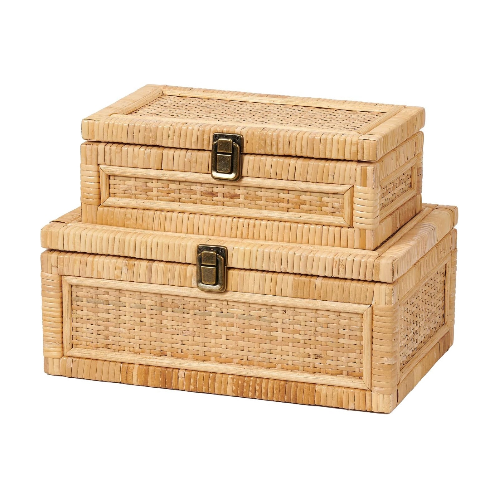 Lid Decorative Handmade Boho Baskets Woven Wicker Cane Bins Keepsake Memory / Natural / Set of 2