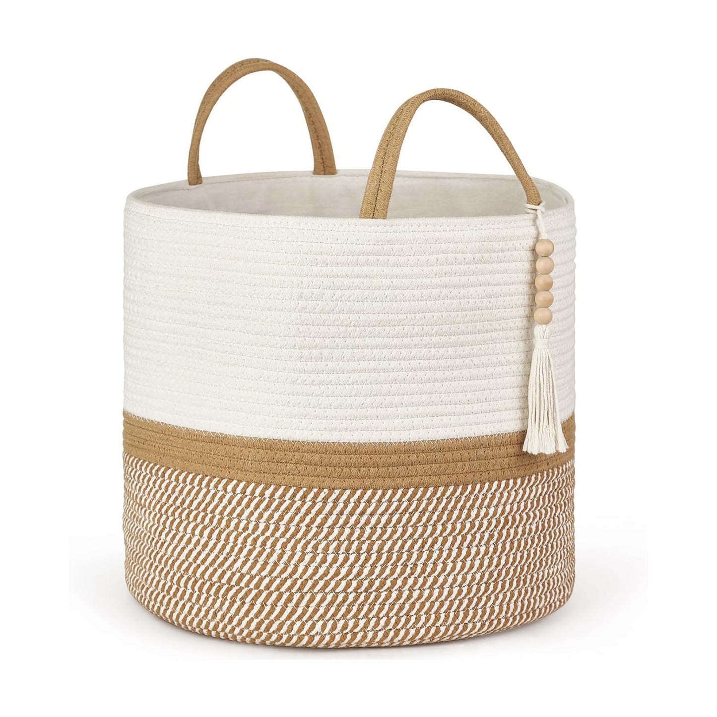 Woven Storage Basket Decorative Natural Rope Basket Wooden Bead / White and Brown / 16" W x 13.8"L