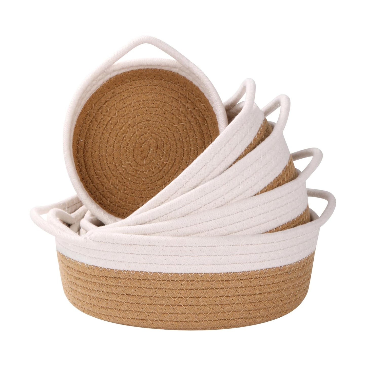 Small Storage Woven Baskets Shelves Natural Cotton Rope Bins / White & Jute