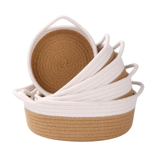 Small Storage Woven Baskets Shelves Natural Cotton Rope Bins / White & Jute