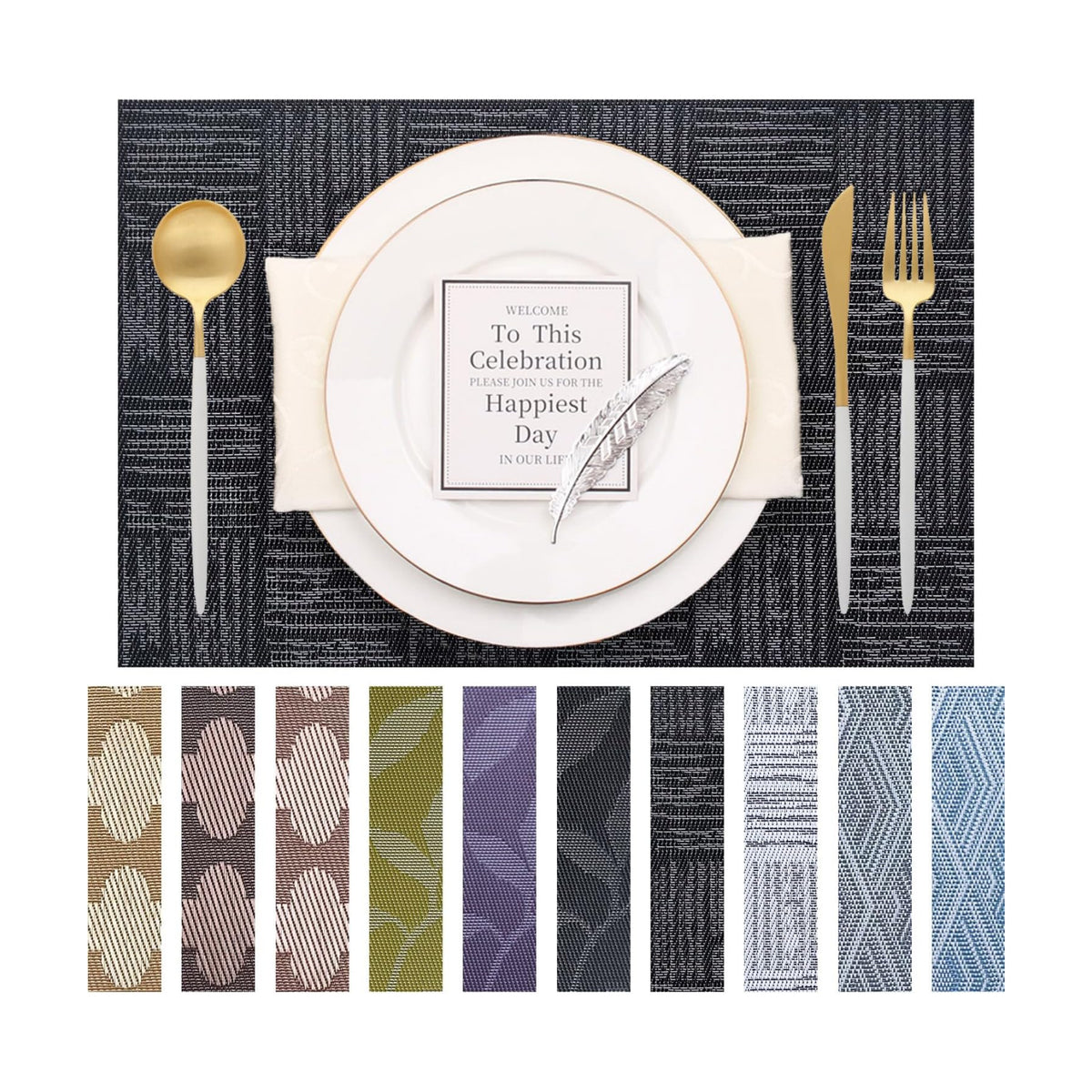 Placemats Set of 6 Plastic Vinyl Place Mats for Dinner Table, No-Slip Wipeable Table Mats Daily Use Patio Kitchen Decoration (18"x12", Black)