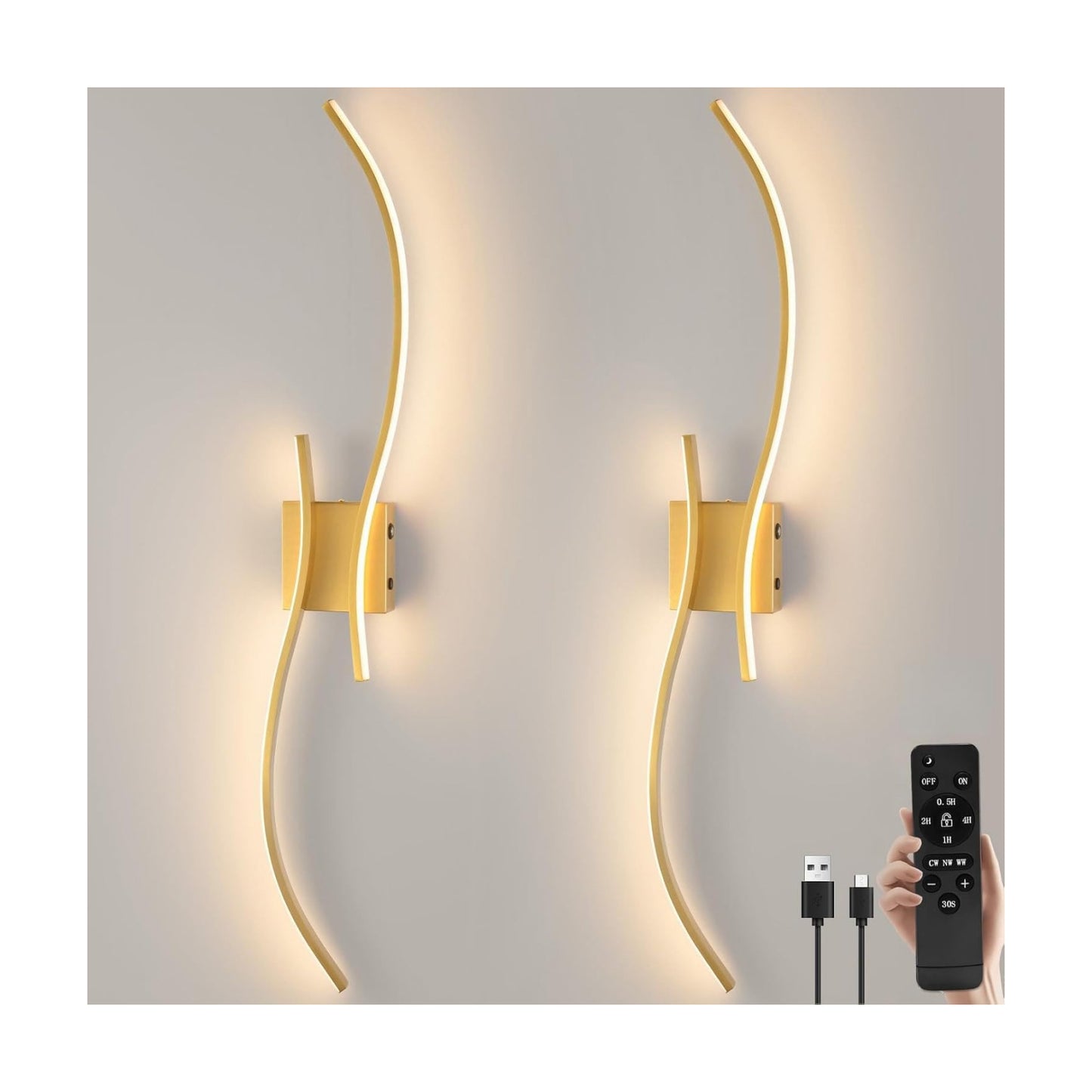CANEOE Battery Operated Wall Sconce Set of 2, 18000mAh Gold Rechargeable Wall Lights with Remote Control,3000K-6000K
