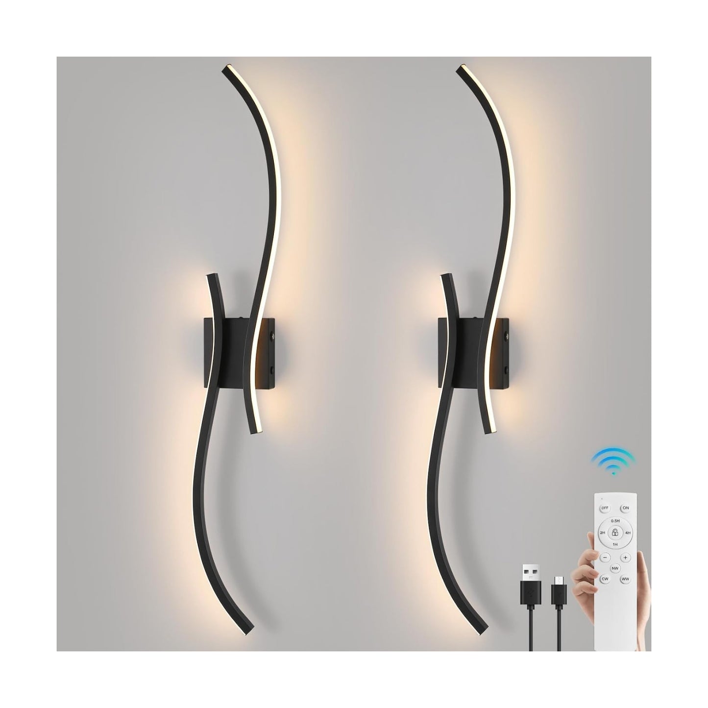 Battery Operated Wall Sconce Set of 2, 18000mAh Black Rechargeable Wall Lights with Remote Control,3000K-6000K Dimmable