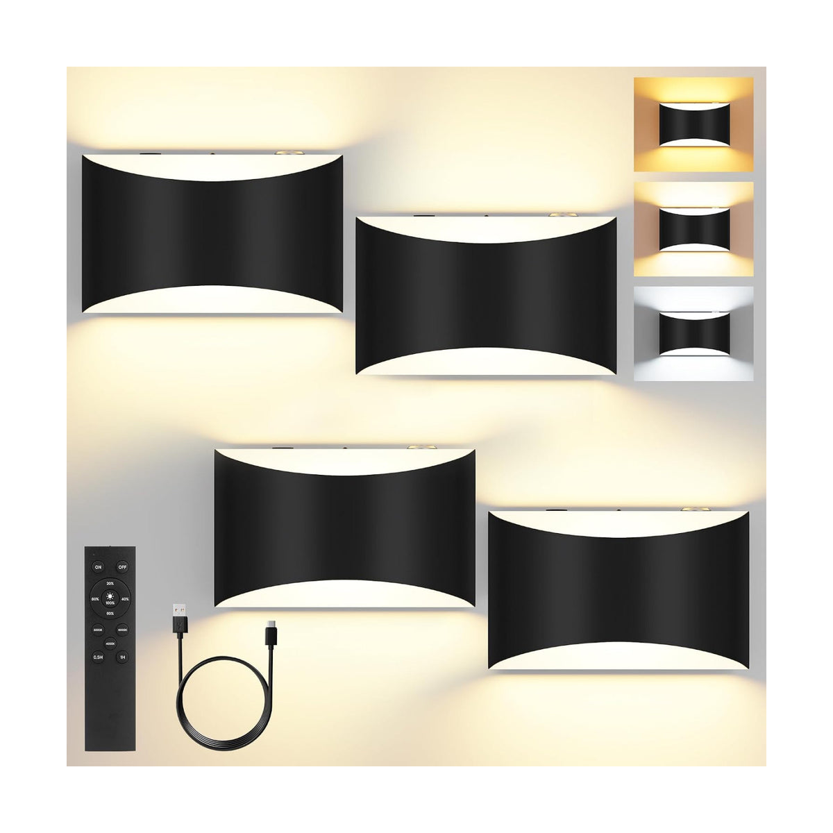 Battery Operated Wall Sconces Set of 4 Rechargeable Wireless Black | 8000mAh Remote & Touch Control Wall Lamps 3 Color
