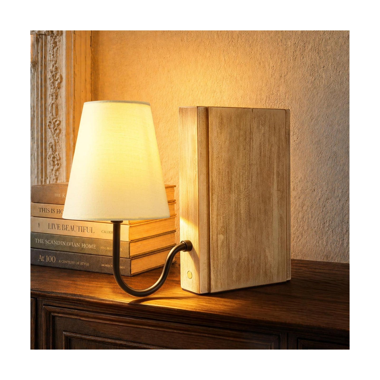 Solid Wood Bookshelf Lamp with Bulb, Cordless Rechargeable Touch Dimmable Table Lamp with Linen Fabric Shade, Modern