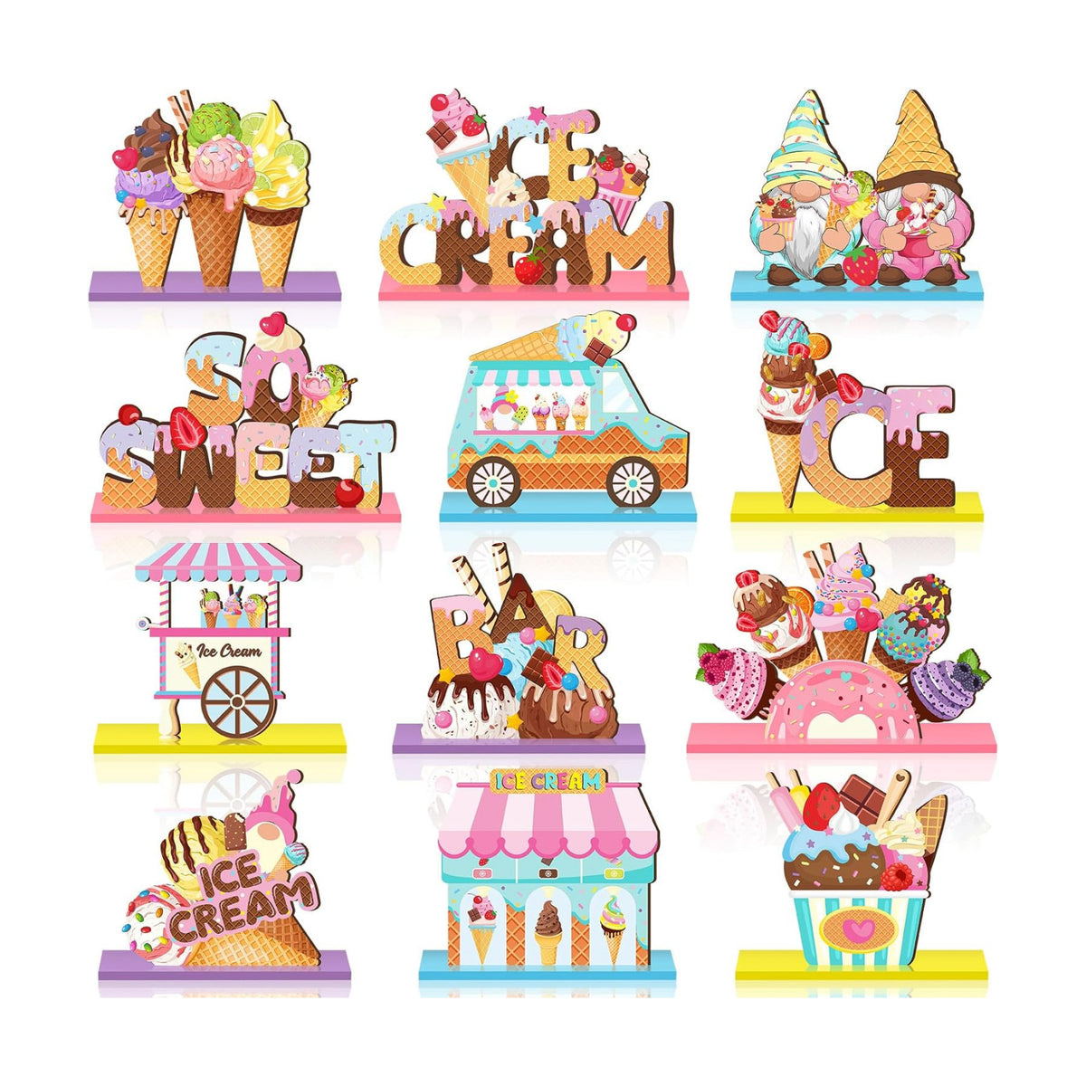 Marsui 12 Pcs Summer Ice Cream Wood Table Decor, Tiered Tray Signs