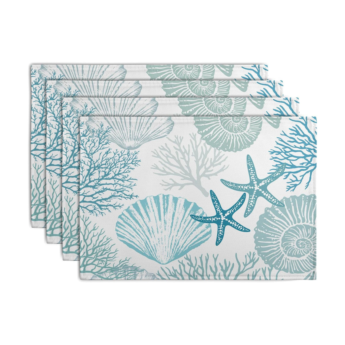 Nautical Coastal Blue Placemats Set of 4 Summer Teal Turquoise Beach Theme Linen Table Mats Ocean Coral Seashell Starfish Decorative Place Mats for Party Kitchen Dining Outdoor Indoor Decor