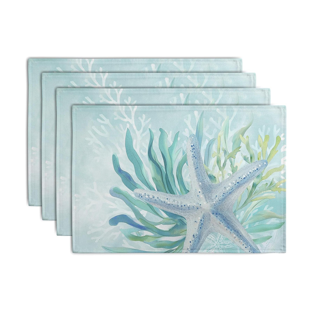 Nautical Coastal Placemats Set of 4 Ocean Coral Starfish Seagrass Beach Theme Table Mat 12x18 Inch Teal Turquoise Blue Summer Linen Fabric Place Mats for Party Kitchen Dining Outdoor Indoor Decor