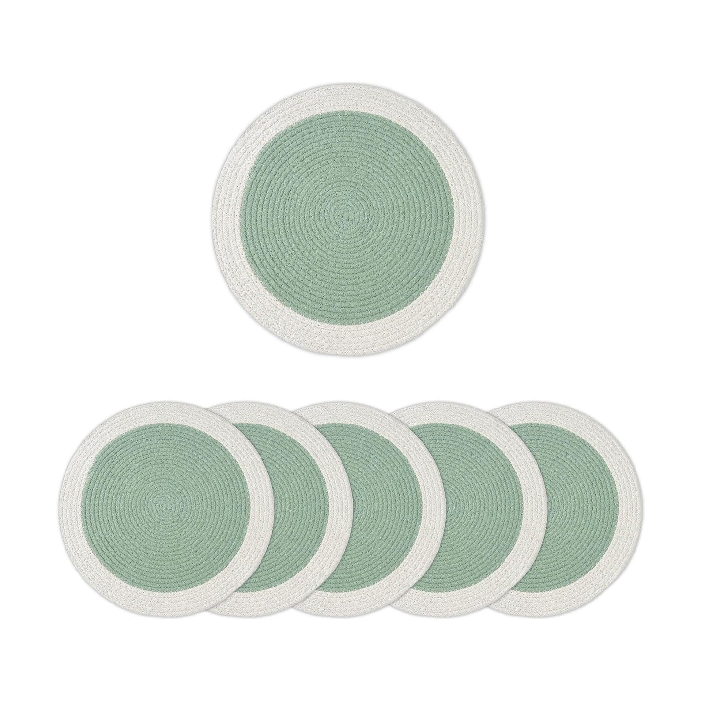 Encasa XO Placemats, Round Cotton Dining Table Mats 13" | Sage & Off White, Handcrafted Ribbed Texture | Heat Resistant