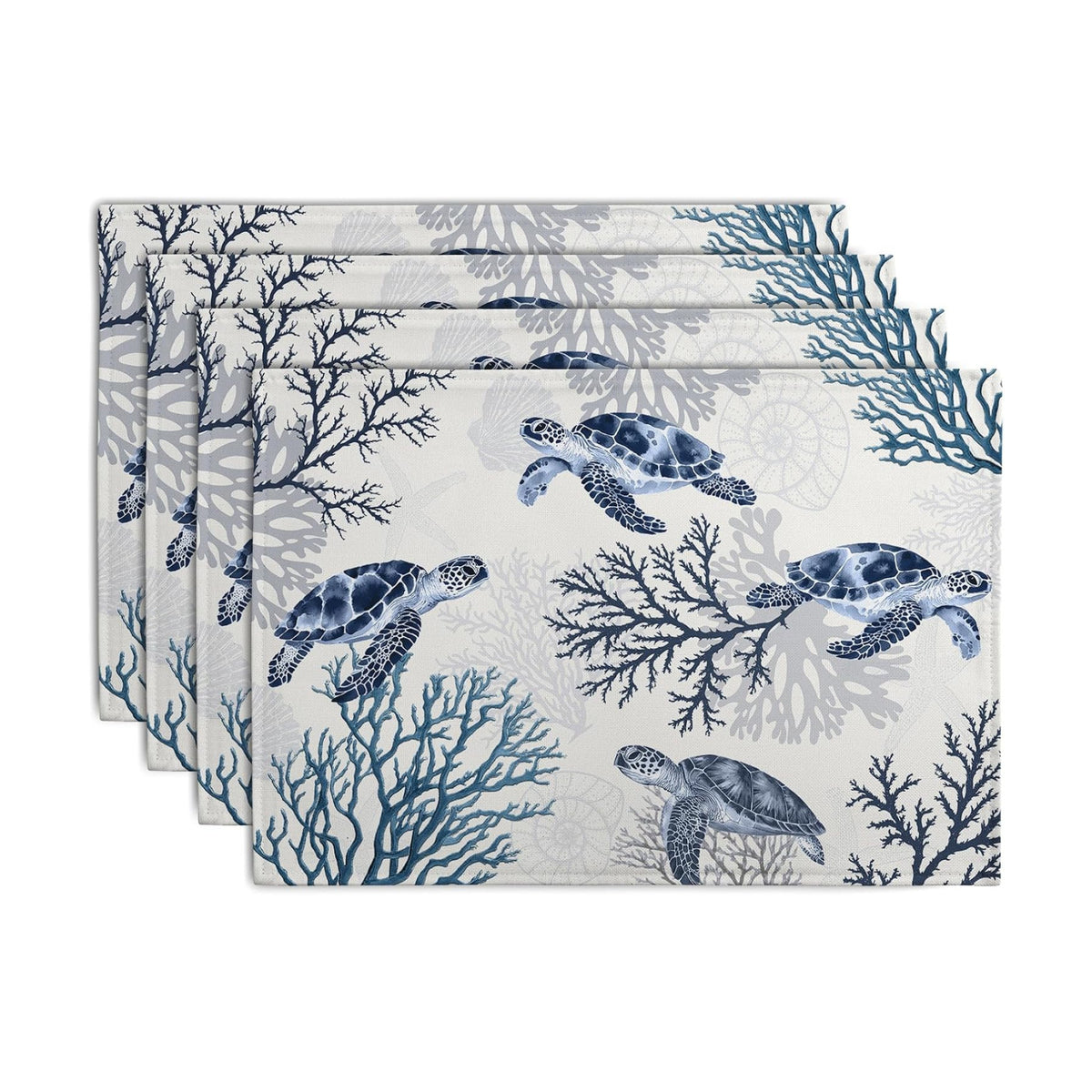Coastal Beach Placemats Set of 4 Nautical Theme Coral Sea Turtle Navy Blue Place Mat 12x18 Inch Seasonal Summer Ocean Washable Linen Fabric Table Mats for Party Kitchen Dining Decoration