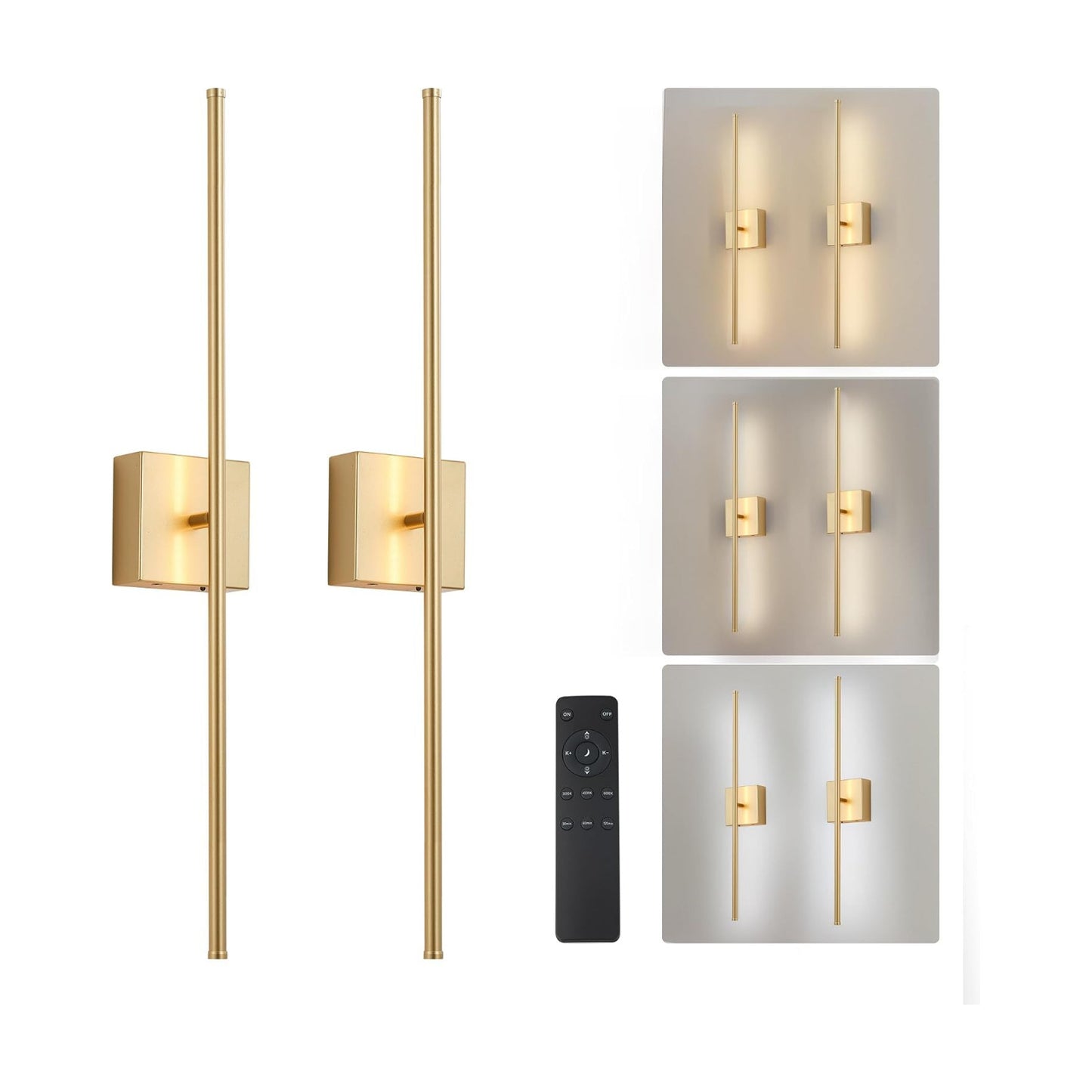 KARTOOSH Battery Operated Wall Sconces Set of 2 Wireless,40.1 Inch Gold | Battery Removable, 3000-6000K, Stepless