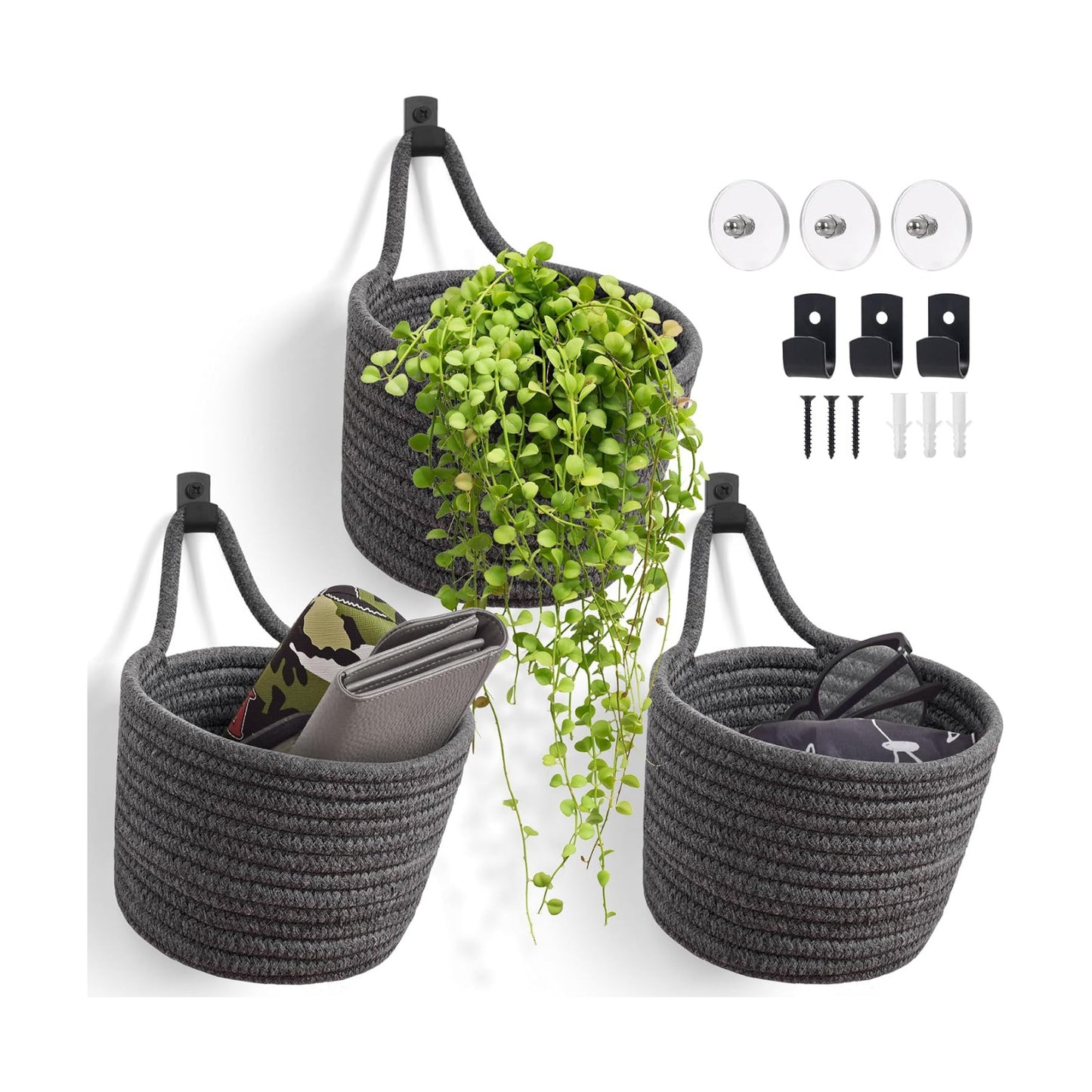 Adhesive Hooks / Storage Organizers / Dark Gray & Black / Set of 3