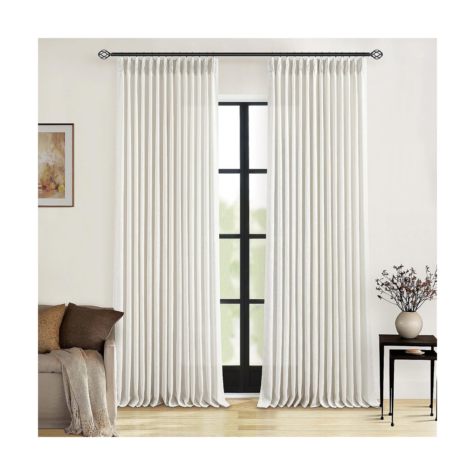 TWODRAPES Natural Pinch Pleated Linen Curtains 126 Inches Long 2 Panels