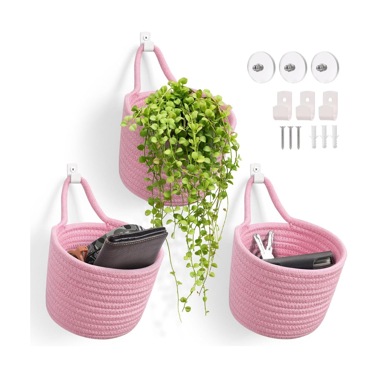 Adhesive Hooks / Storage Organizers / Bright Pink & White / Set of 3