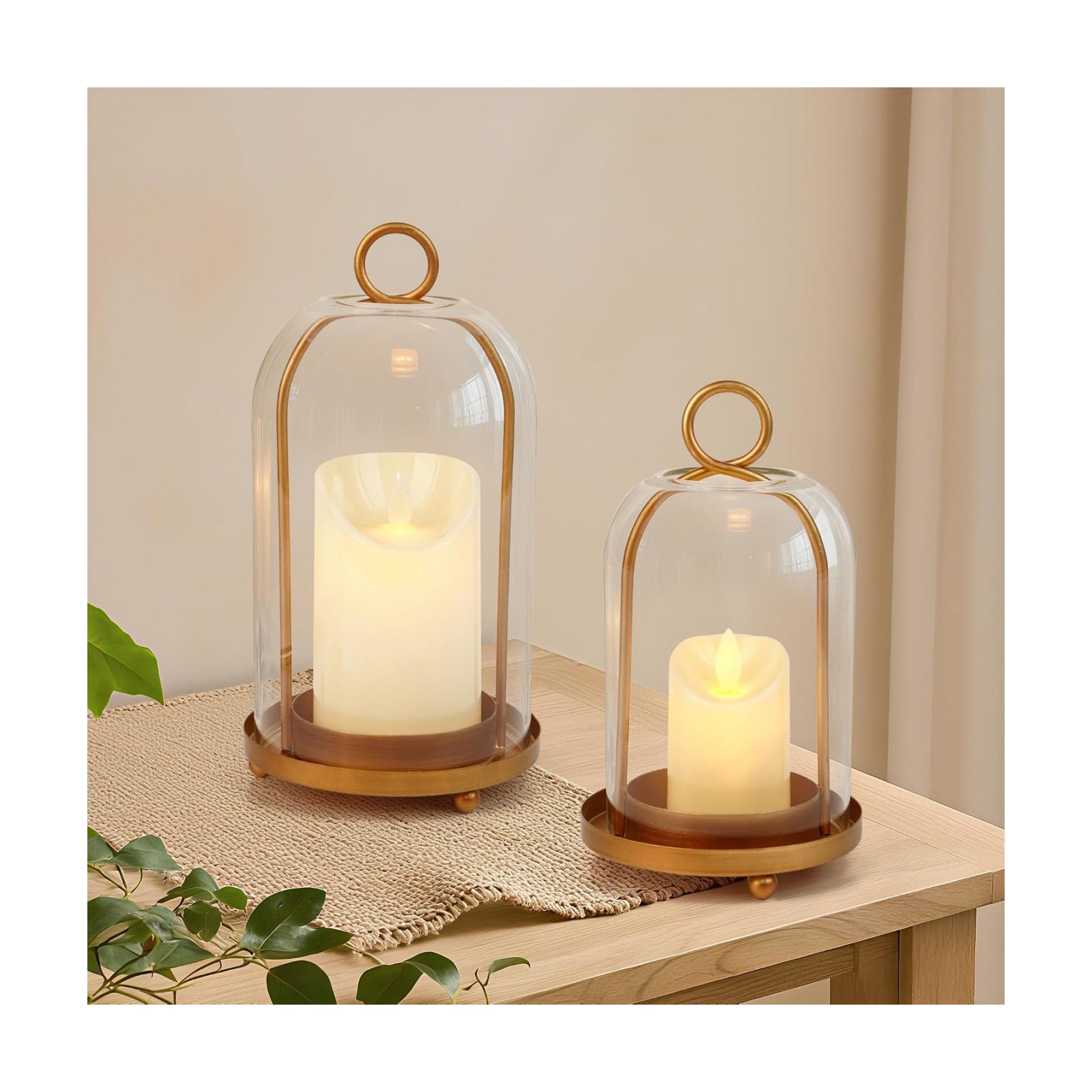 Glass Hurricane Candle Holder Decorative Golden Candle Lantern | Pillar Candlestick Holders Set of 2, Hanging Metal