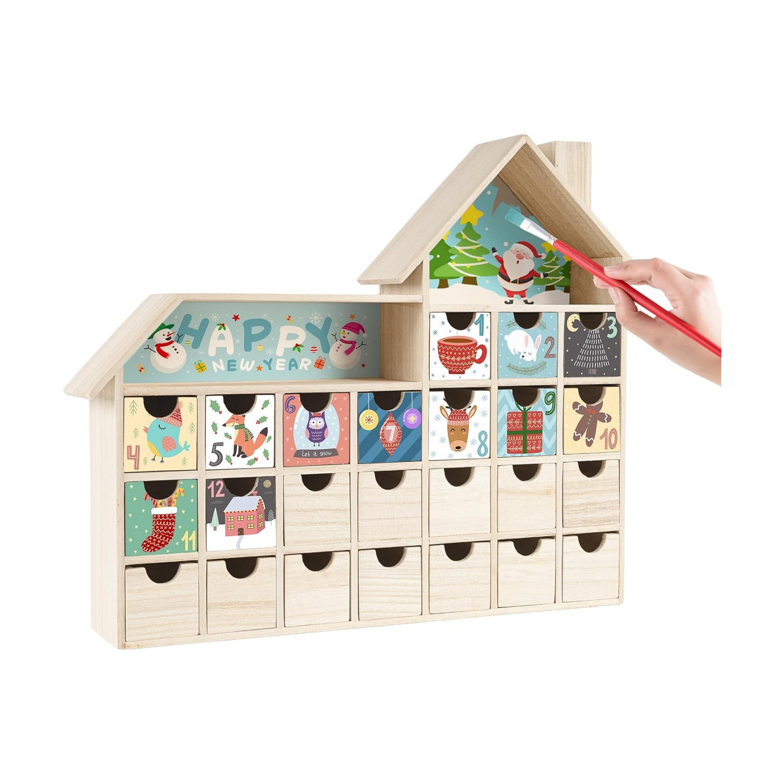 Sunlit Christmas Wooden Advent Calendar with Drawers, Unfinished Wooden, Chalet Shaped Countdown Calendar Ready to
